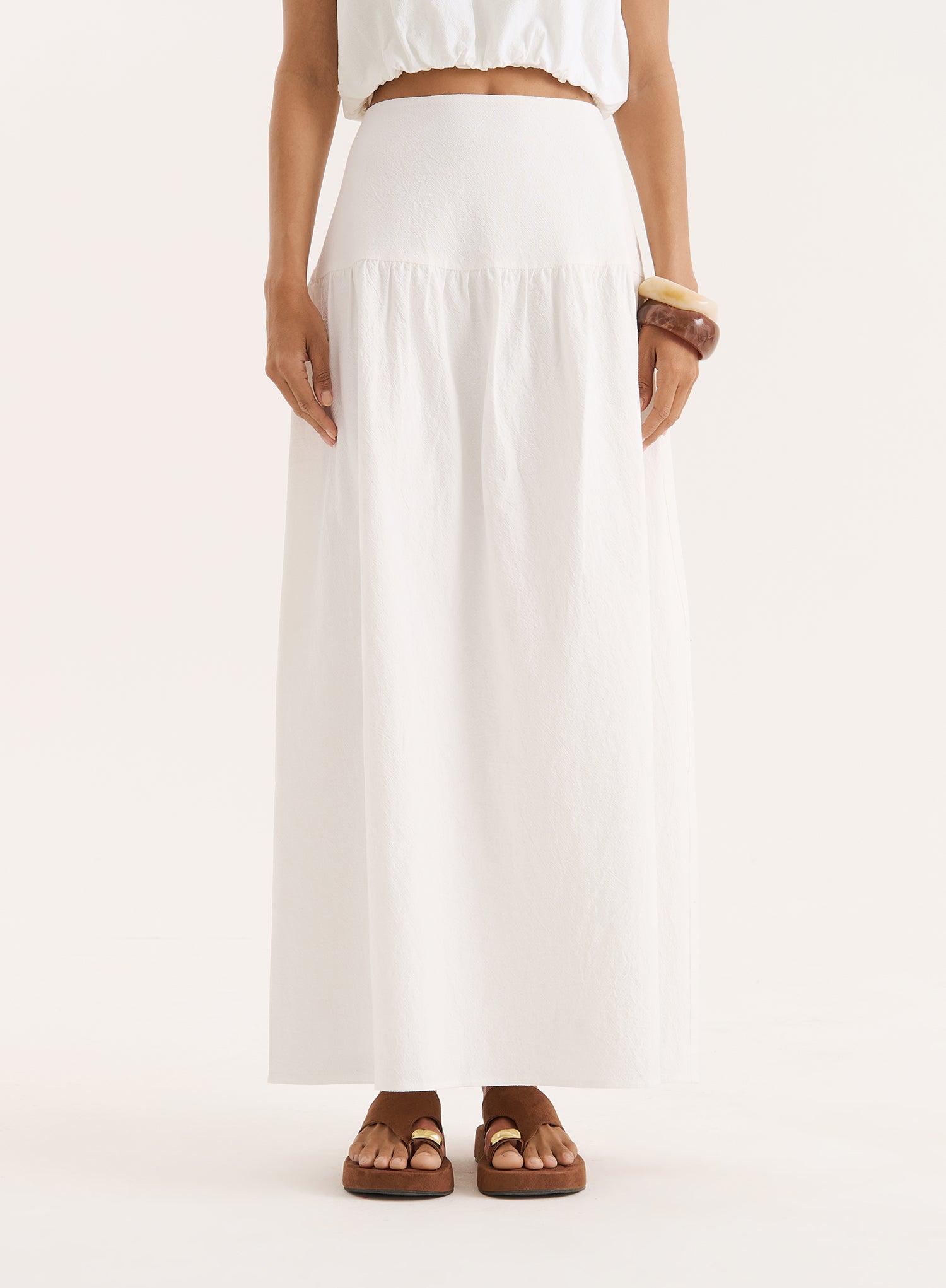 White Cotton Drop Waist Maxi Skirt